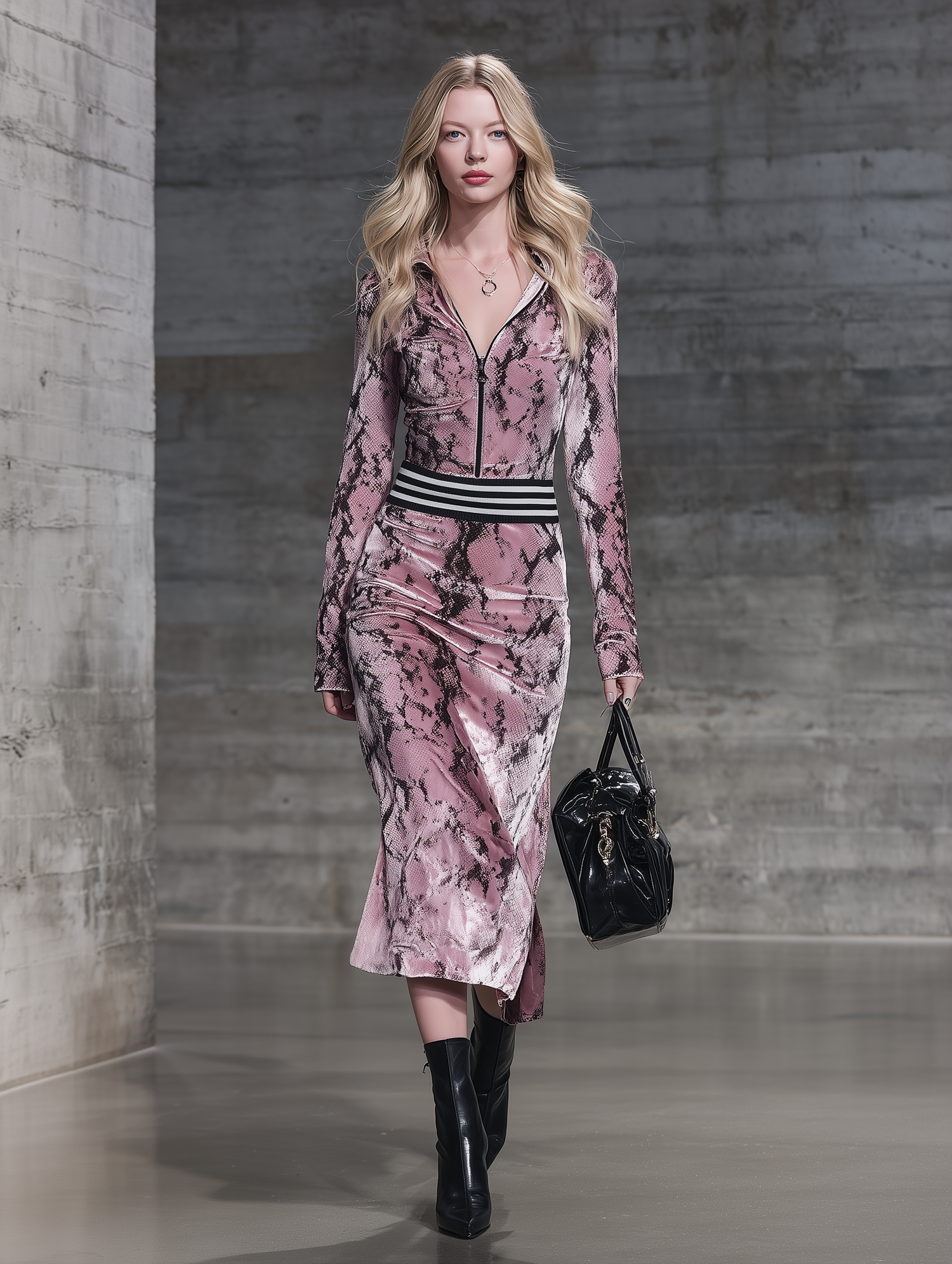 Retro Western-style Snakeskin Print Pink Velvet Midi Dress