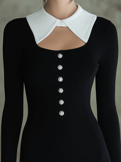 Elegant Black And White Color-block Knitted  With Rhinestone Buttons Mini Dress