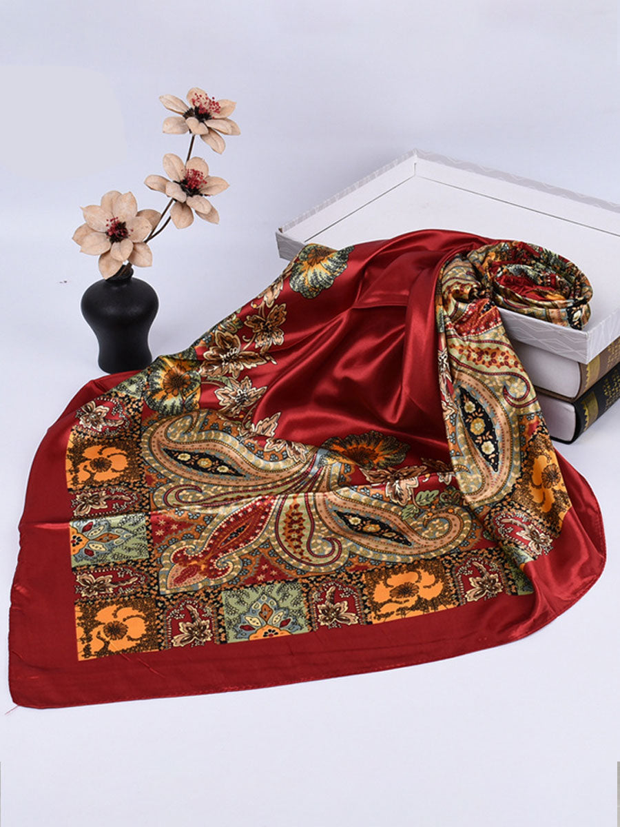 Vintage Bohemian Paisley Print Satin Square Scarf