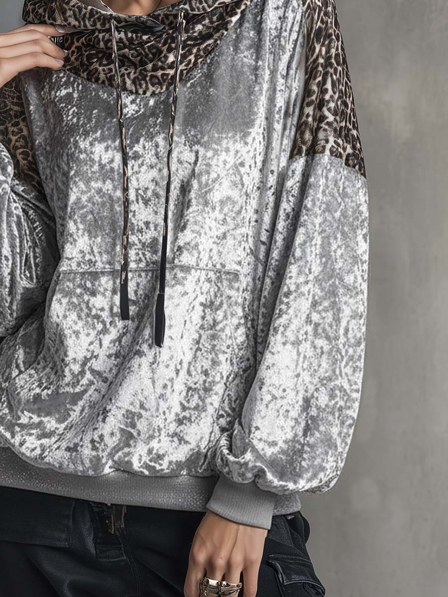 Vintage Casual Leopard Print Hooded Silver Velvet Sweatshirt