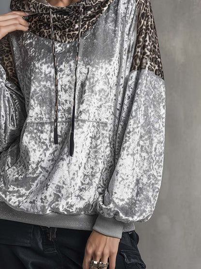 Vintage Casual Leopard Print Hooded Silver Velvet Sweatshirt