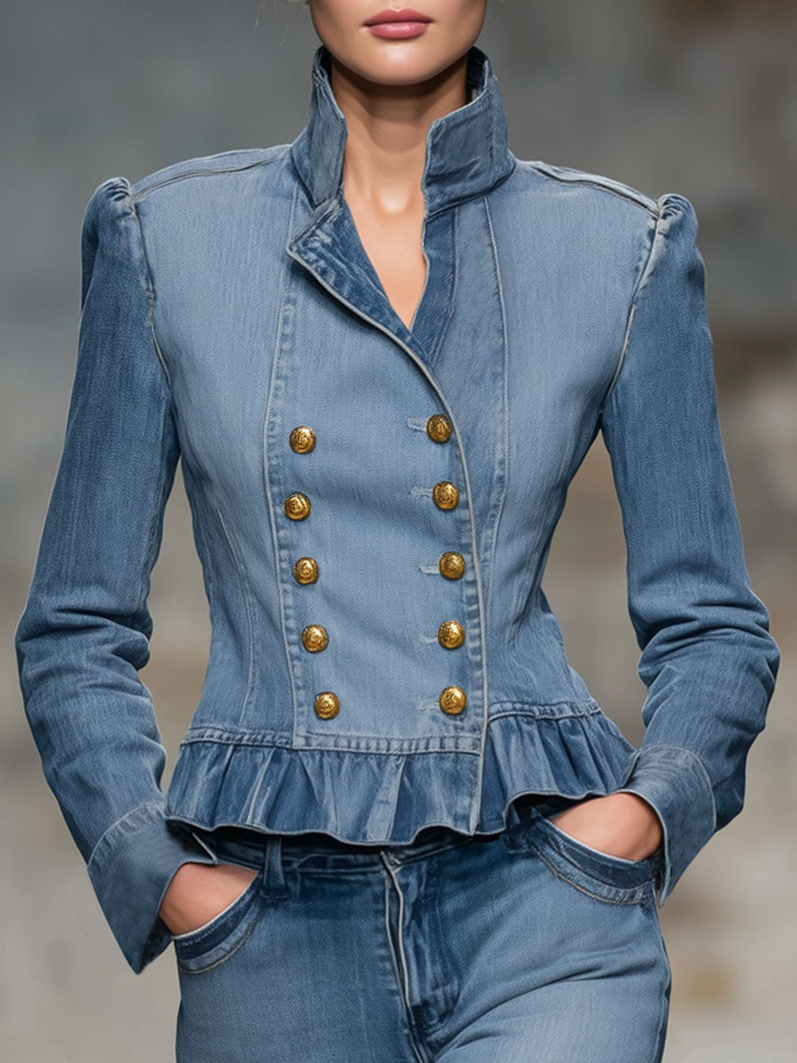 Retro-style Stand-up Collar Double-breasted Ruffled Denim Jacket