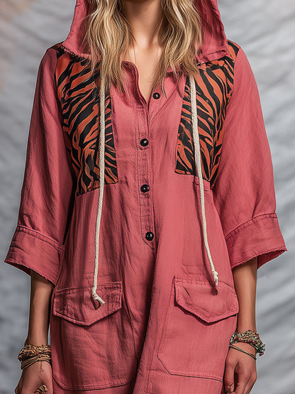 Western-style Pink Linen Button-down Hooded With Partial Zebra Print Midi Dress