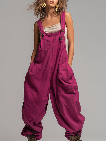 Casual And Stylish Raspberry Red Loose-fitting Jumpsuit Overalls