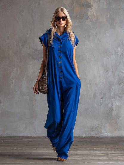 Stylish And Sporty Royal Blue Hooded Wide-shouldered Cotton Sleeveless Jumpsuit
