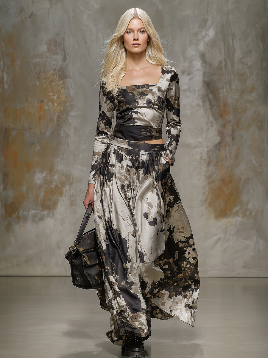 Stylish Splatter Print Square Neck Top And Skirt Set