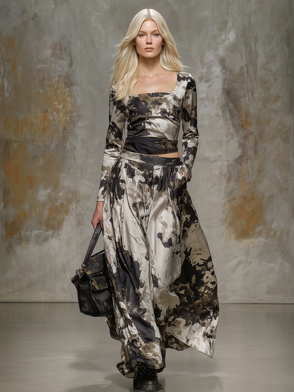 Stylish Splatter Print Square Neck Top And Skirt Set