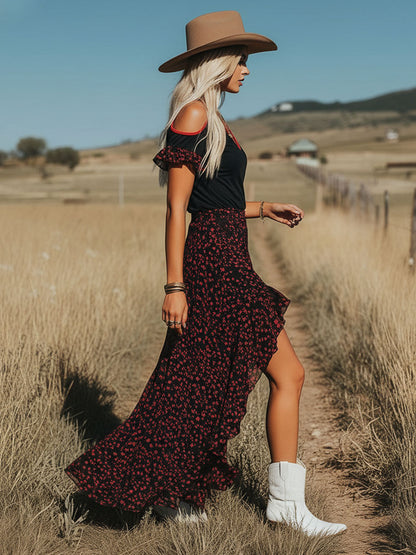 V-neck Off-the-shoulder Short-sleeved Top And Long Skirt Set
