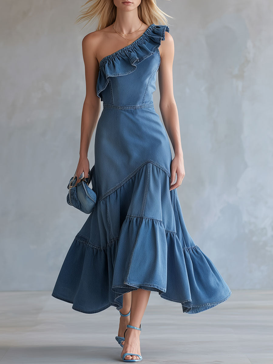 One-shoulder Ruffled Sleeveless Denim Maxi Dress
