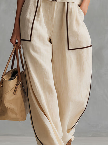 Casual Retro Off-white Sleeveless Cotton And Linen Shirt And Wide-leg Pants Set