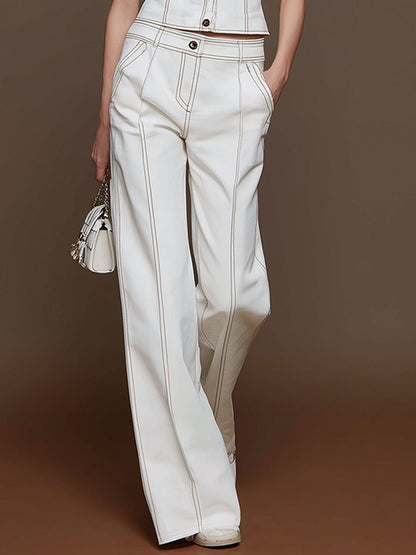 Stylish Retro White Sleeveless Button-down Washed Denim Top And Pants Set