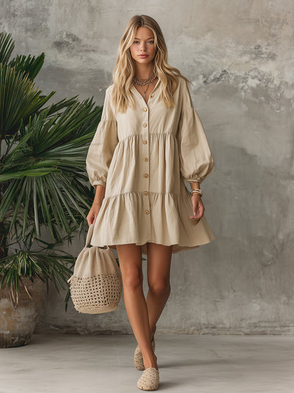 Retro Minimalist Style Stand Collar Ruffle Solid Color Long Sleeve Mini Dress