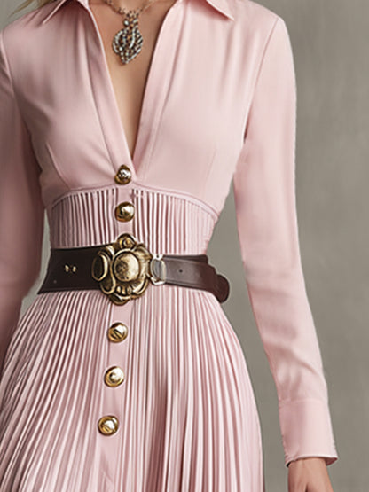 Elegant And Sophisticated Pink Lapel Button-down Pleated Maxi Dress