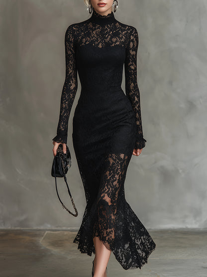 Elegant Party Black Stretch Lace Fishtail Maxi Dress