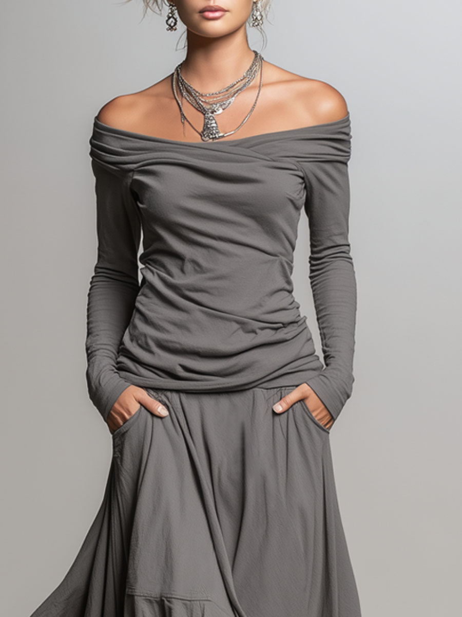 Off-the-shoulder Long-sleeved T-shirt And Asymmetrical Skirt Set