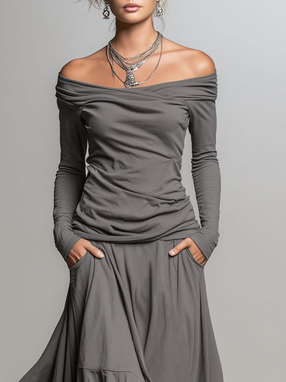 Off-the-shoulder Long-sleeved T-shirt And Asymmetrical Skirt Set