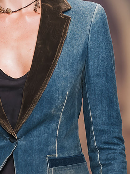 Stylish Retro Brown Collar Blue Denim Blazer