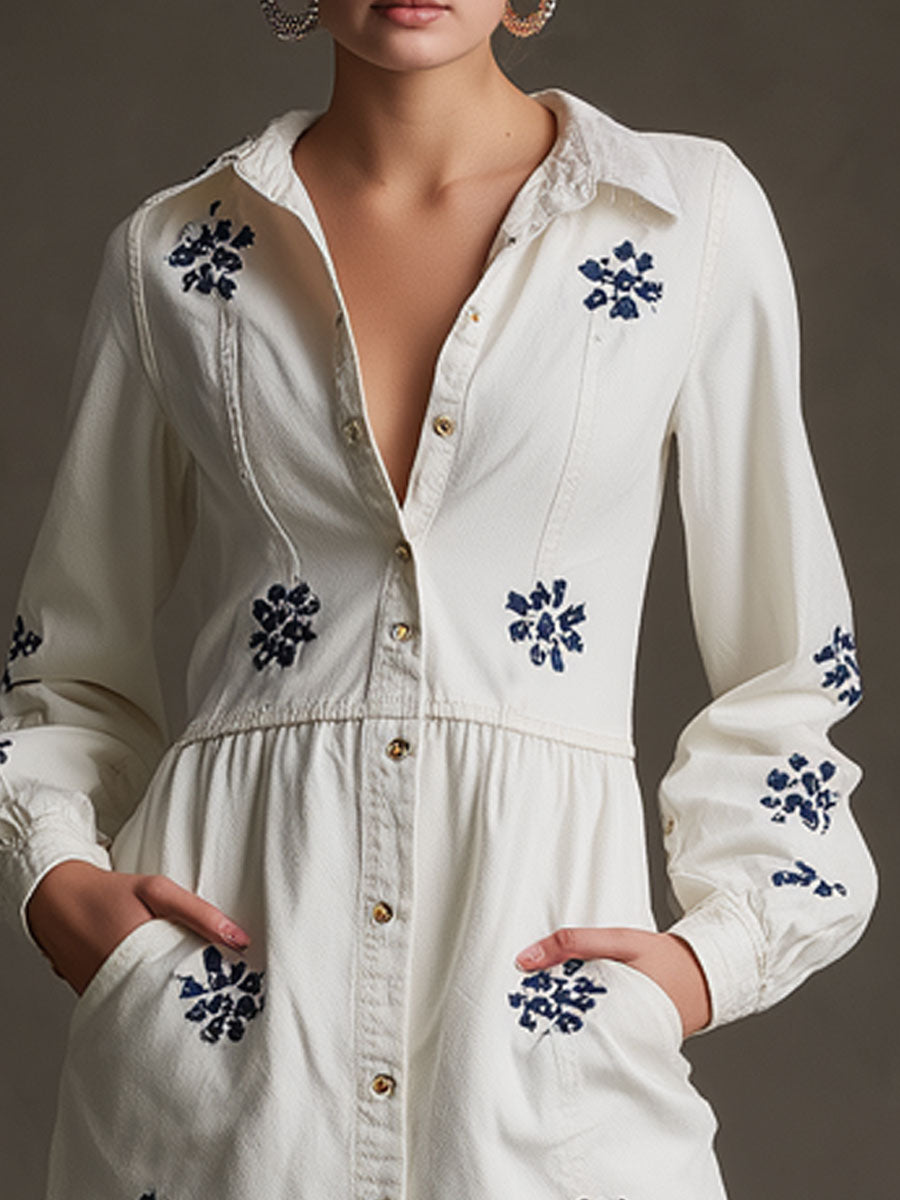 Casual Retro Daisy Embroidered Long-sleeved White Denim Cardigan Mini Dress