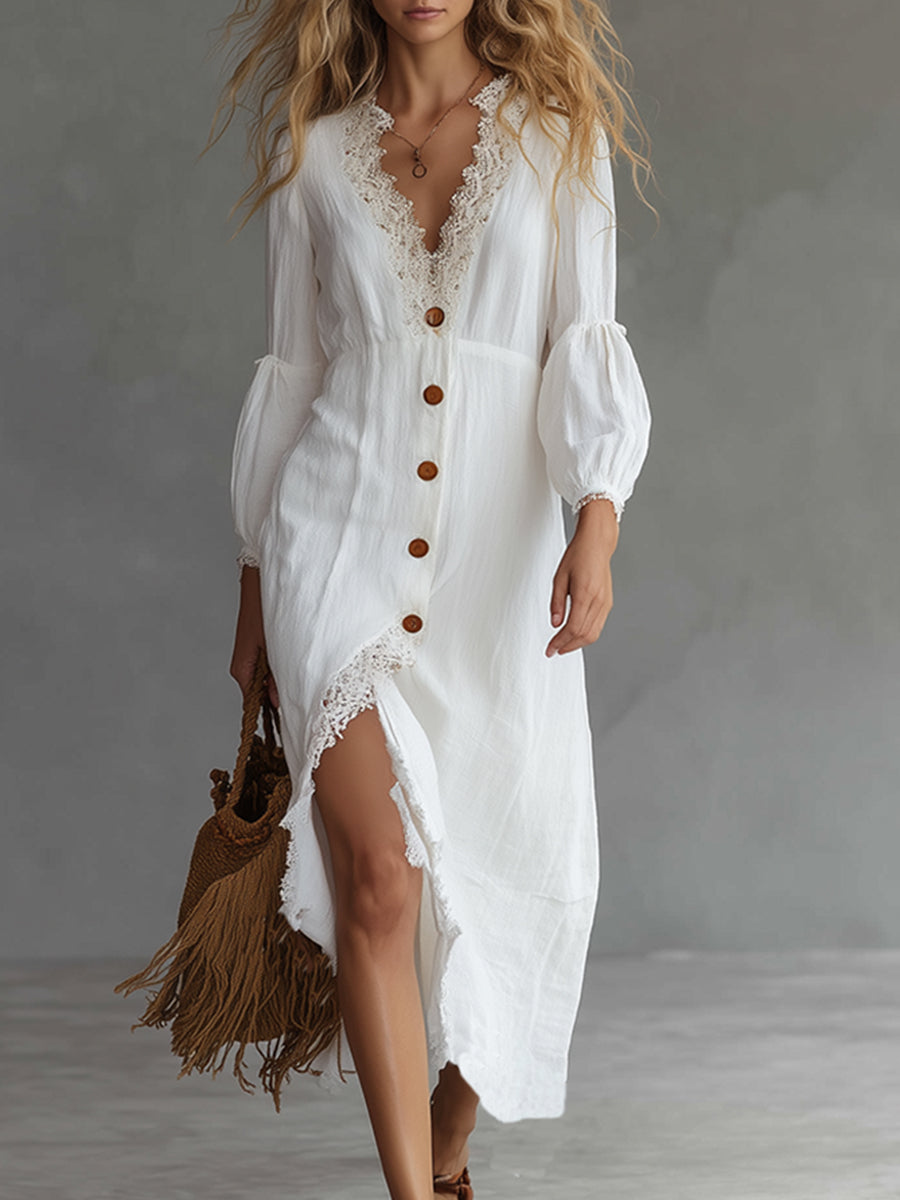 Elegant And Casual Lace Trim White Cotton And Linen Midi Dress