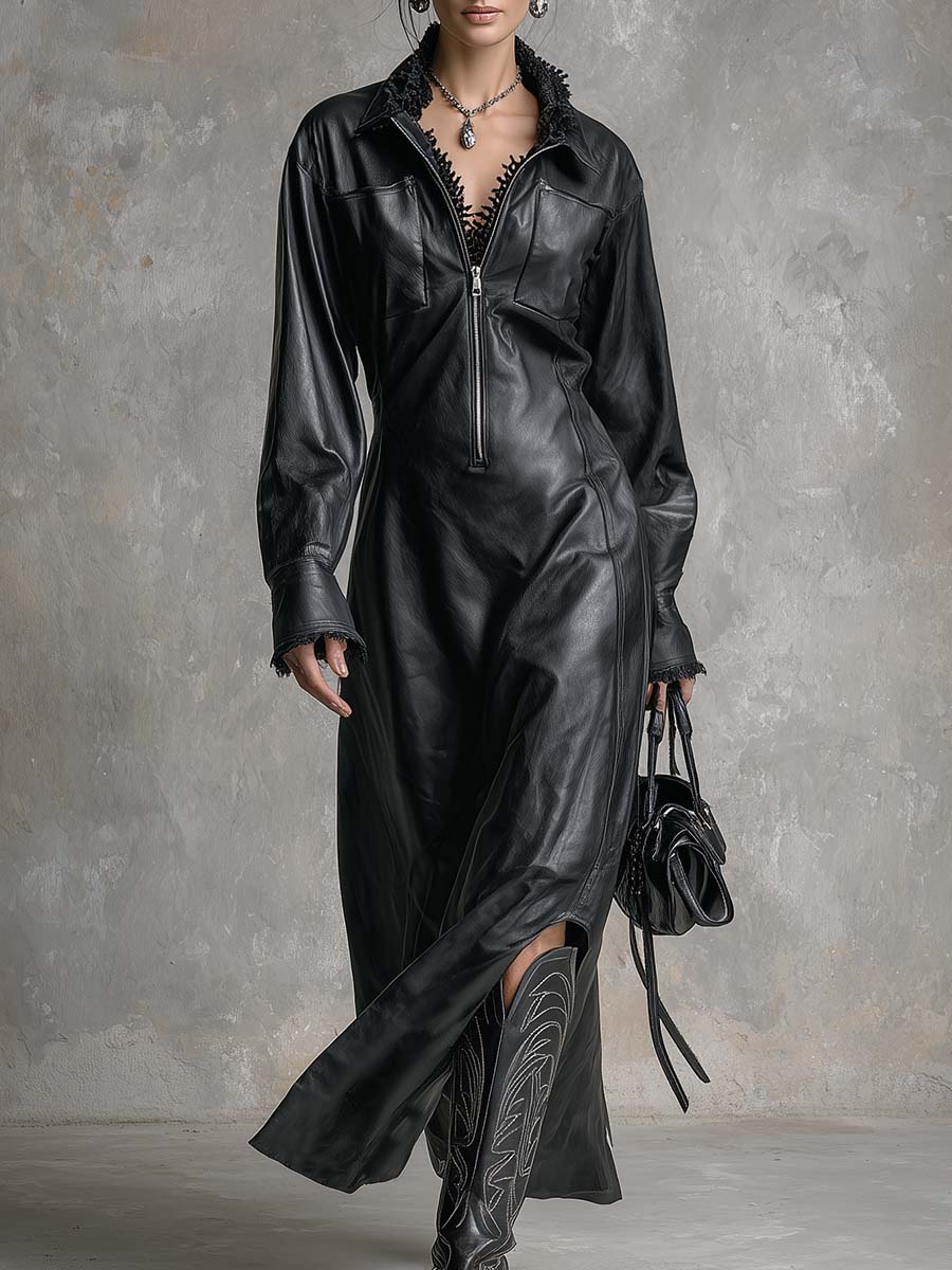 Vintage Temperament Lace Details Front Zipper High-quality Black Slit Leather Maxi Dress