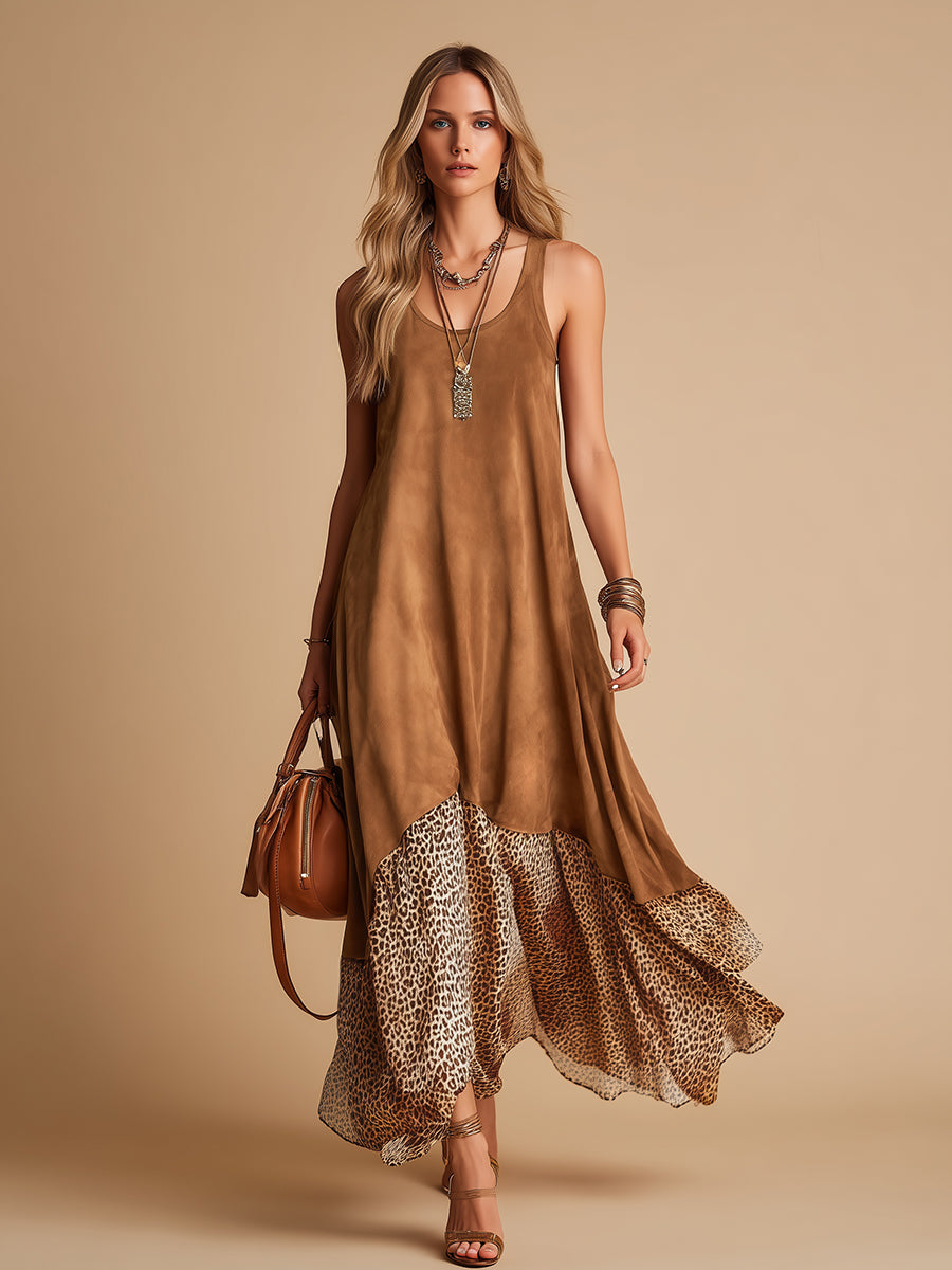 Retro Bohemian Western Style Sleeveless Faux Suede Midi Dress