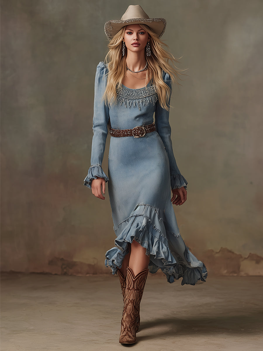 Elegant And Stylish Blue Denim Ruffled Rhinestone-trimmed Midi Dress
