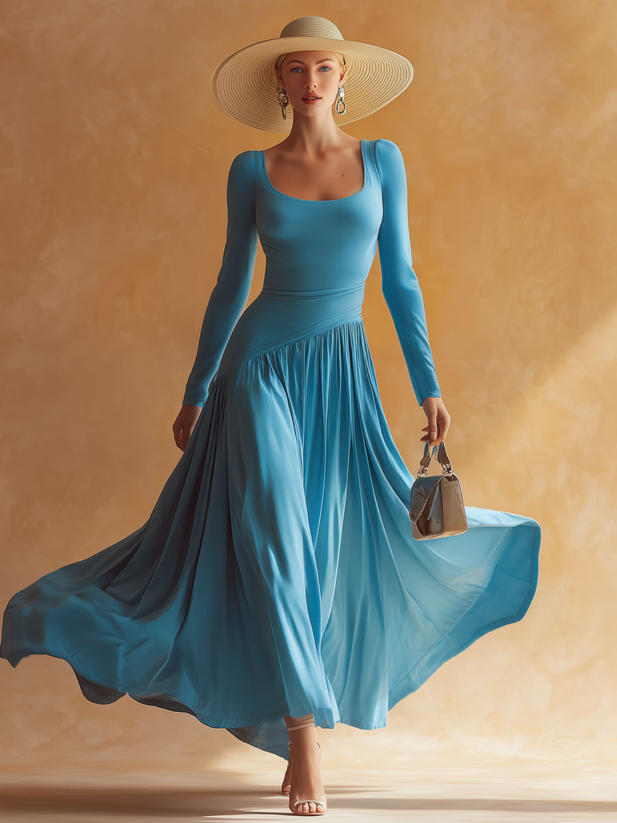 Retro Casual Blue Cotton Patchwork Chiffon Maxi Dress