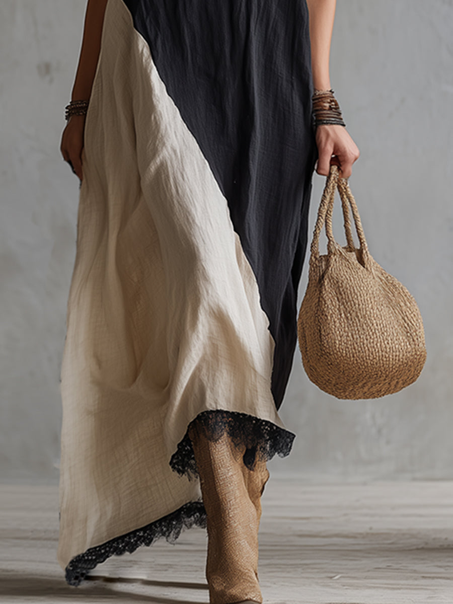 Elegant And Casual Striped Neckline Color-blocked Cotton And Linen Short-sleeved Maxi Dress