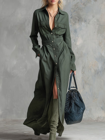 Retro-elegant Dark Green Lapel Button-down Maxi Dress