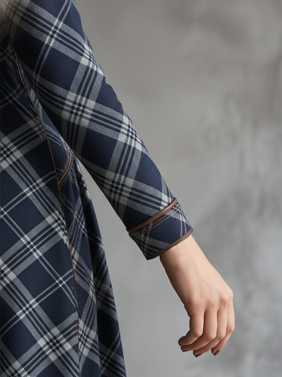 Elegant And Unique Stand-up Collar Blue Plaid Denim Maxi Dress