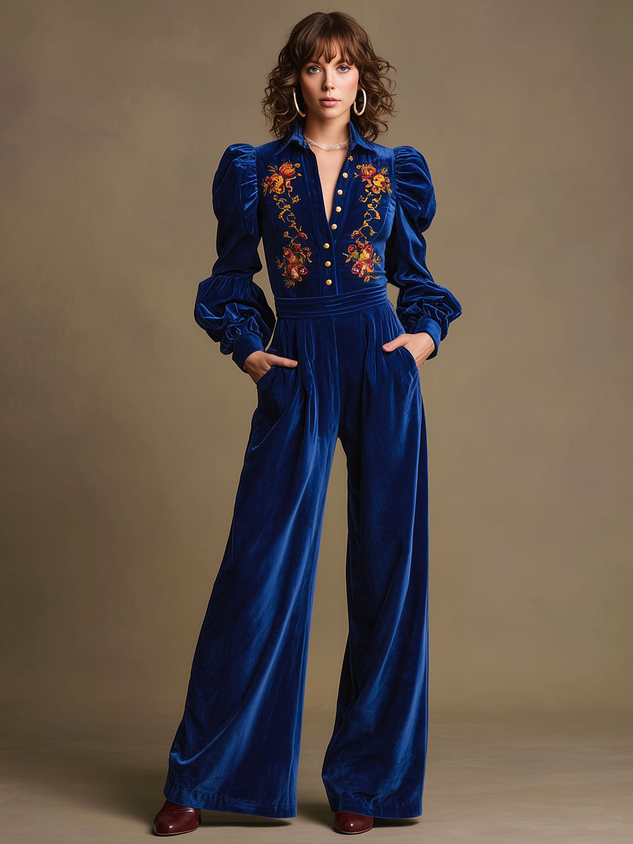 Casual Retro Floral Embroidered Royal Blue Velvet Long-sleeved Wide-leg Jumpsuit