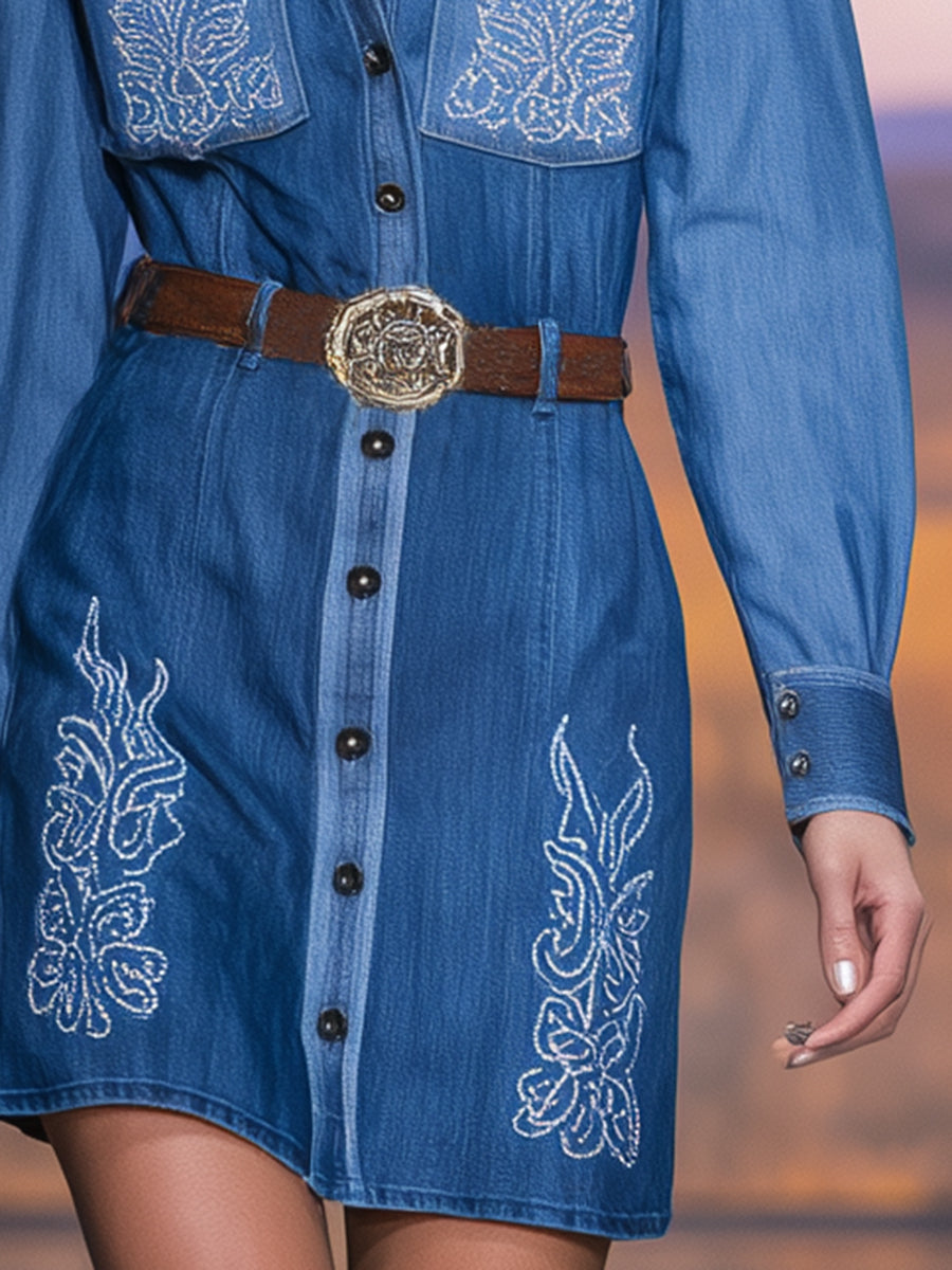 Western Blue Cowboy Embroidered Button-Down Shirt Mini Dress