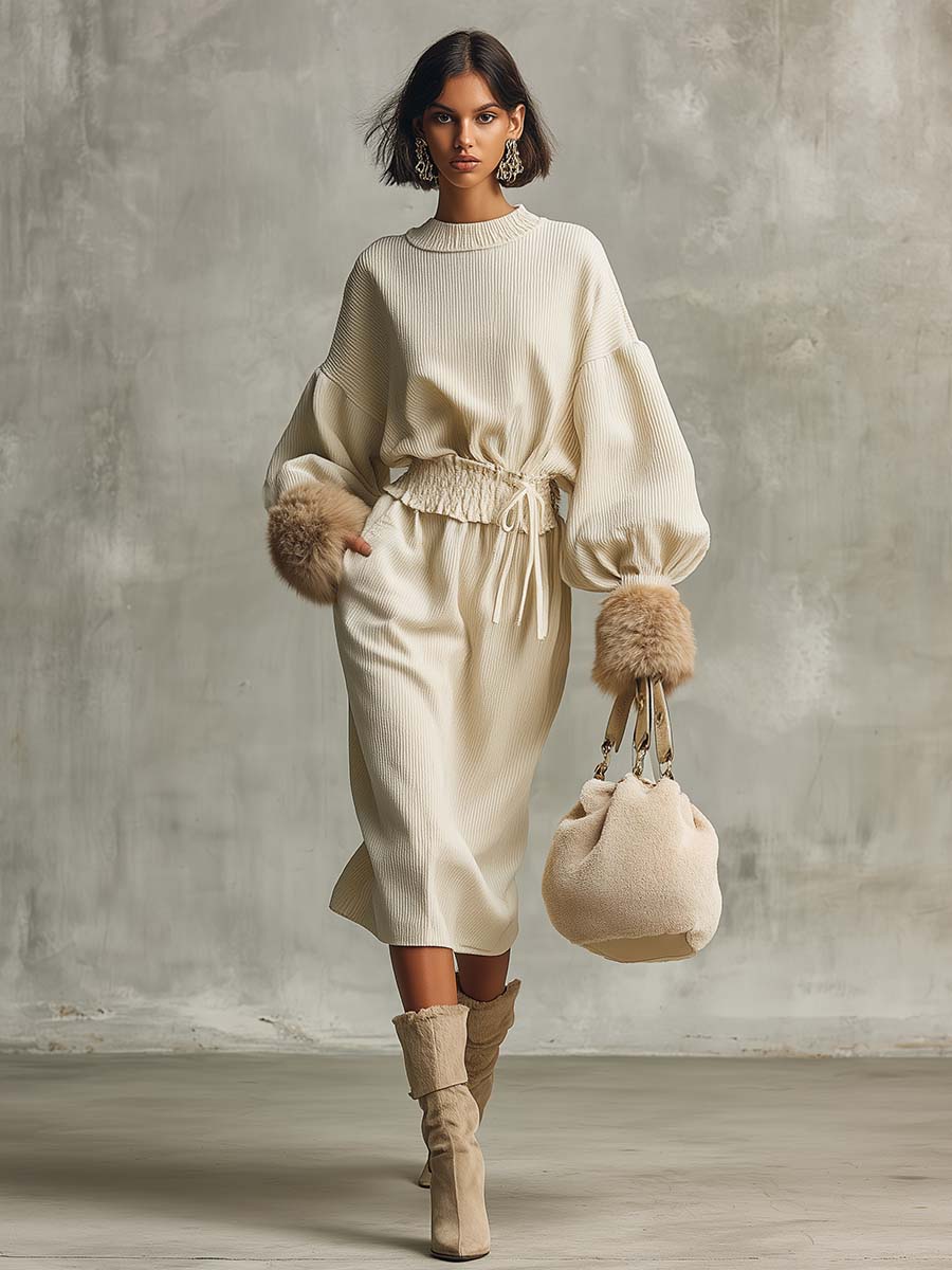 Elegant Exquisite Round Neck Ruffled Waist Detachable Faux Fur Cuffs Cream Corduroy Midi Dress