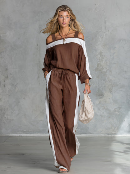 Retro Casual Off-the-shoulder Cotton And Linen Long-sleeved T-shirt And Wide-leg Pants Set.