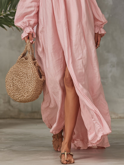 Elegant Vacation Off-the-shoulder Long Sleeve Side Slit Cotton And Linen Maxi Dress