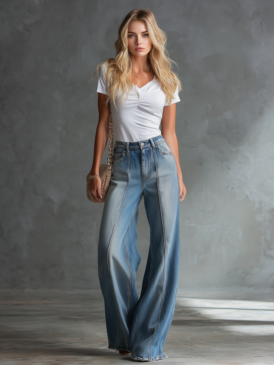 Retro-style Wide-leg Floor-length Frayed Denim Trousers