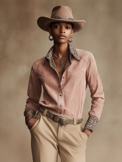 Western Retro Leopard Print Pink Faux Suede Long-Sleeve Shirt