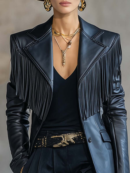 Vintage Fashion Handsome Notch Lapel Shoulder Tassel Decoration Black Leather X-shaped Blazer