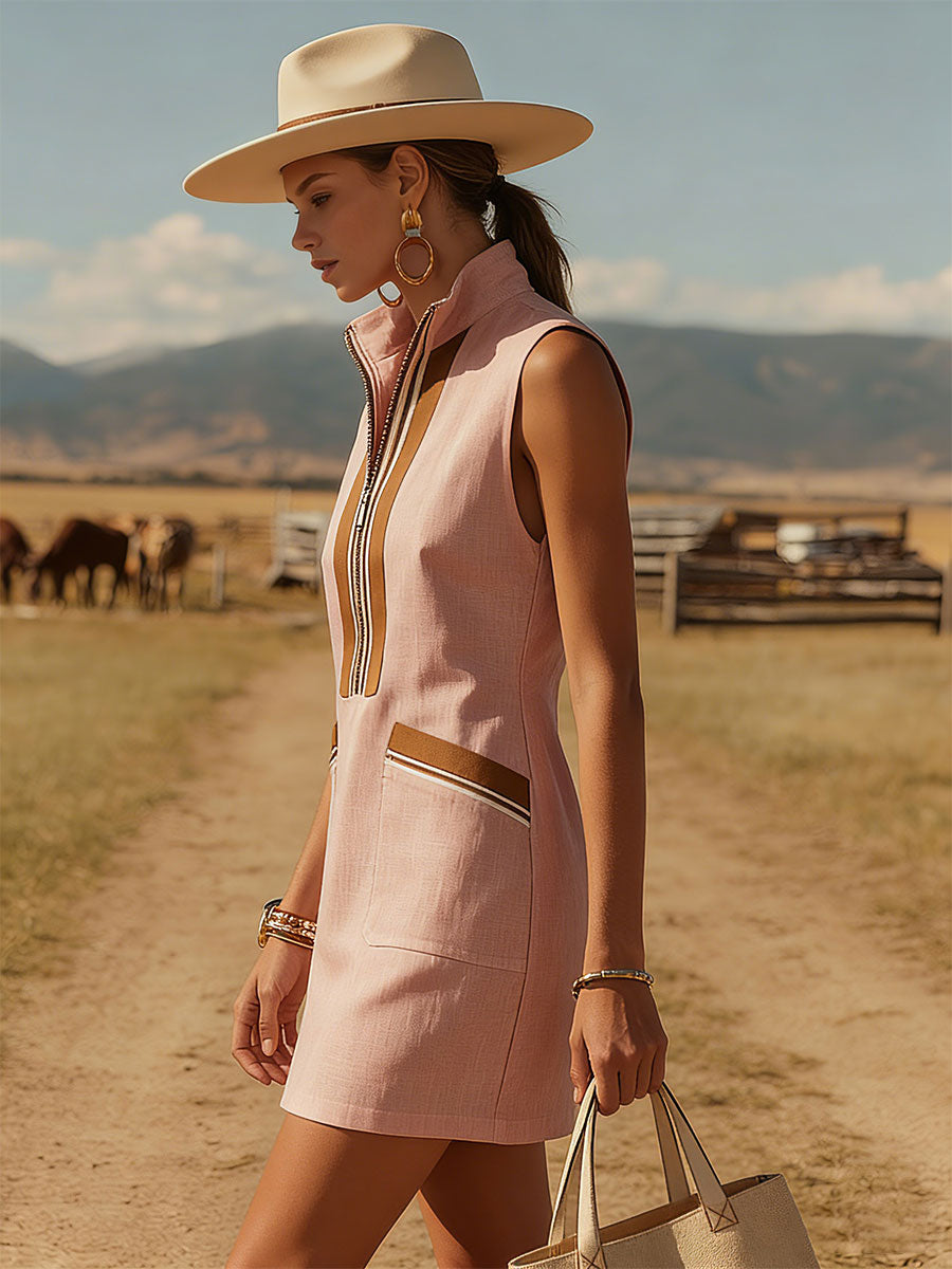 Casual Retro Style Brown Trim Pink Cotton Linen Half-zip Mini Dress