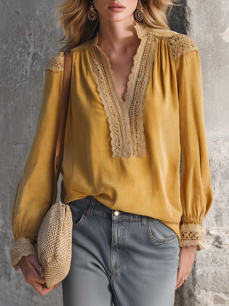Elegant Vintage Western Lace V-neck Ginger Yellow Corduroy Blouse