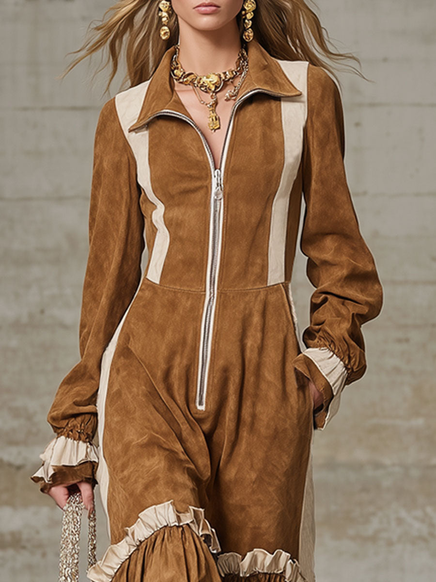 Western-style Lapel Zipper Color-blocked Faux Suede Maxi Dress