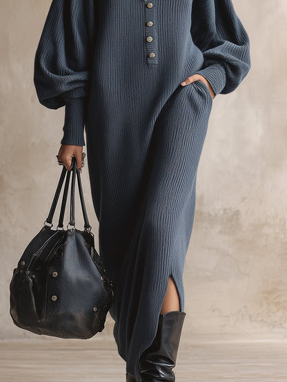 Casual Retro V-neck Button-down Dark Gray Loose Knit Slit Maxi Dress