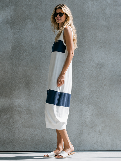 Casual Basic Everyday Blue-and-White Color-Block Cotton Midi Dress