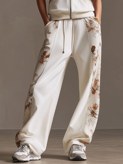 Sporty Retro Floral Velvet Patchwork White Sleeveless Hooded Sweatshirt And Pants Set