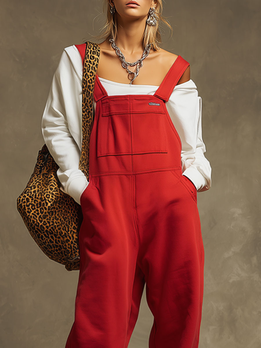 Sporty Retro Embroidered Red Cotton Blend Overalls Sleeveless Jumpsuit