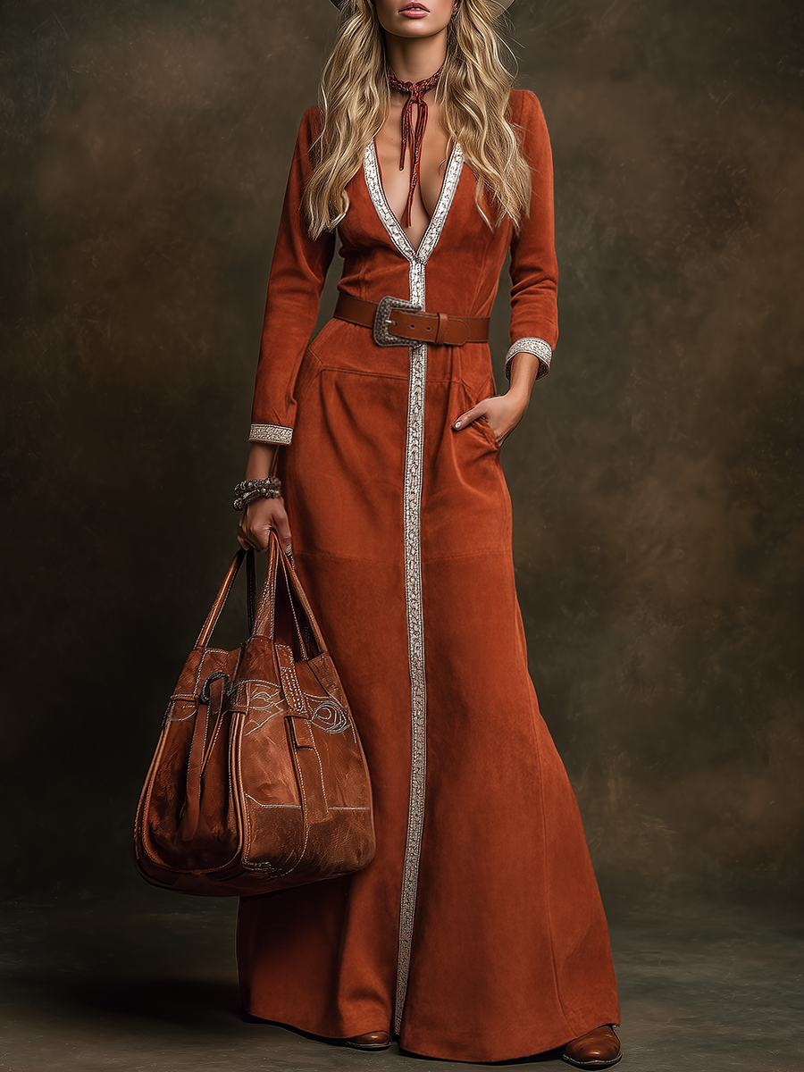 Minimalist Western-style V-neck White Suede Maxi Dress