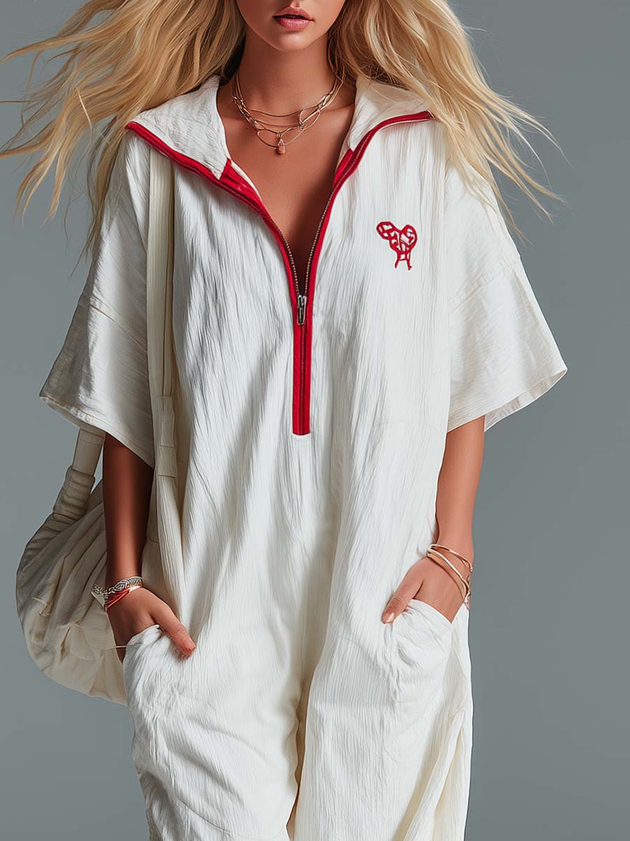 Casual Fashion Lapel Front Zipper Red Trim Short Sleeves Cream Washed Cotton Jumpsuit