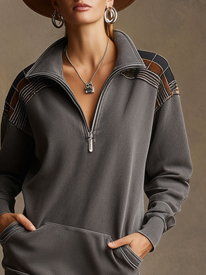 Sporty Retro Dark Gray Washed Cotton Long-sleeved Plaid Mini Dress