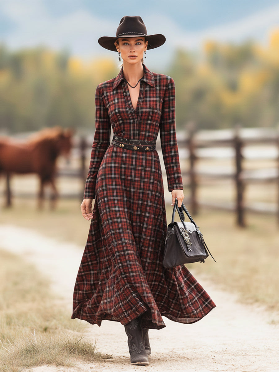 Western Red And Green Plaid Pure Cotton Maxi Dress