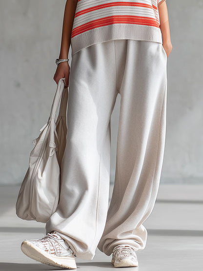 Retro Striped Knit Short-sleeved Shirt And Gray Pants Set